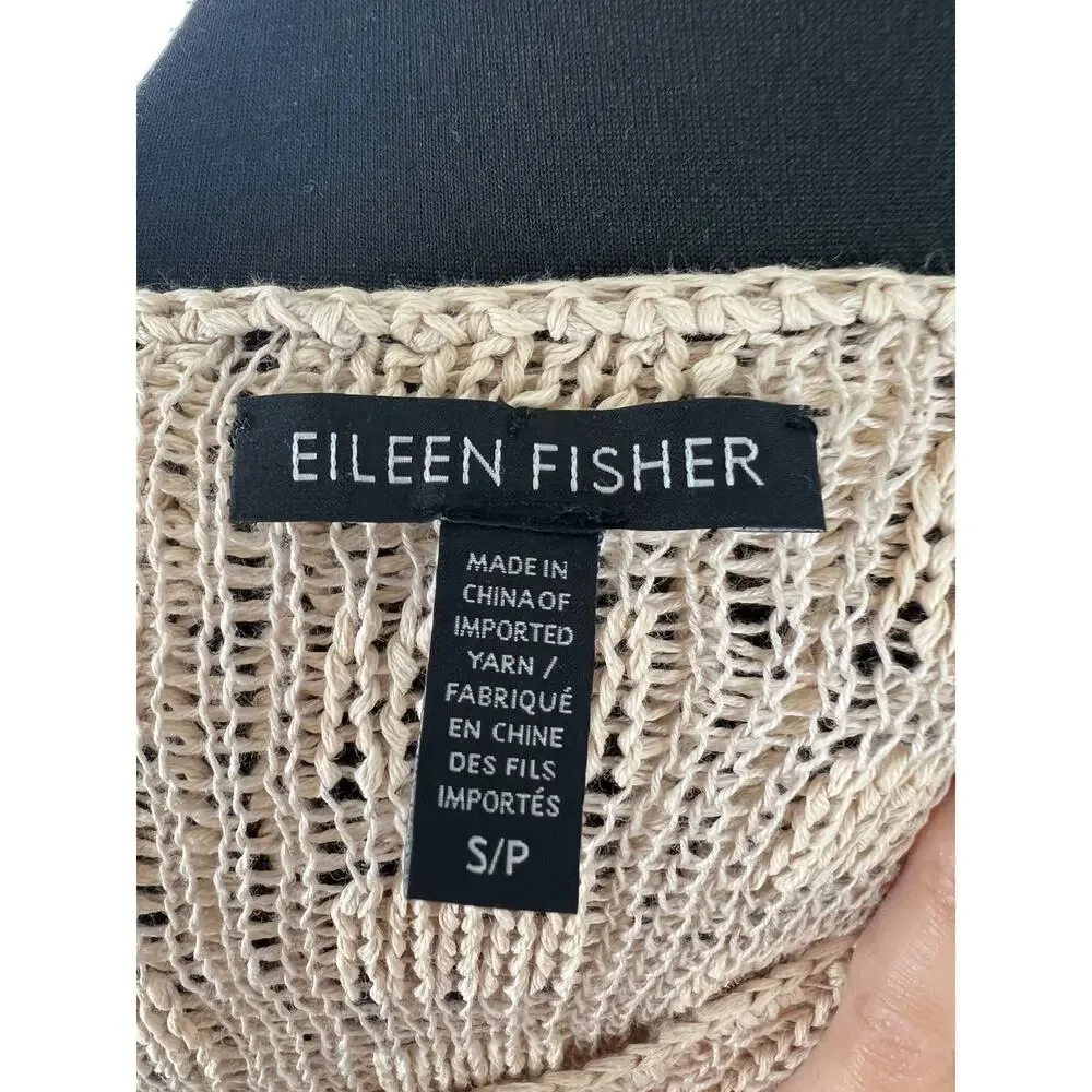 Eileen Fisher Beige Organic Cotton Linen 3/4 Sleeve Round Neck Knit Sweater S